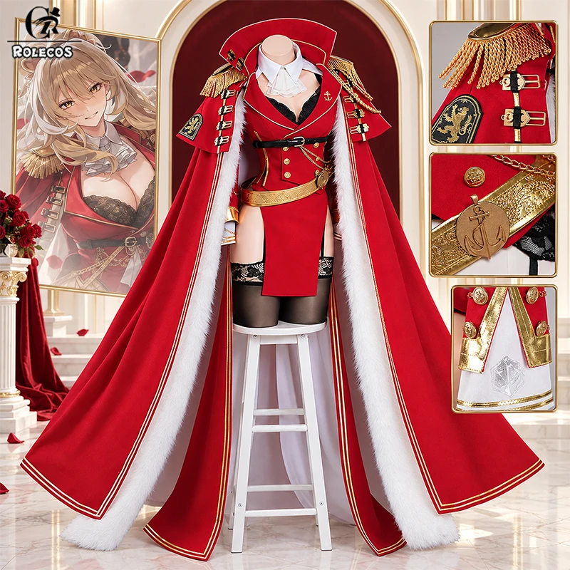 ROLECOS, disfraz de cosplay de Azur Lane, personaje UR Lion: traje de estilo naval rojo con capa, ideal para fiestas de carnaval, Halloween y eventos de disfraces.