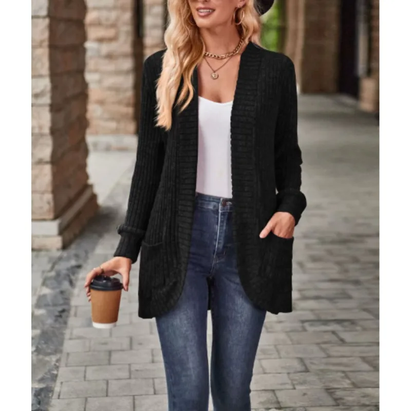 Feminino oco para fora frente aberta cardigan com bolsos solto moda casual frente aberta manga longa casaco grosso