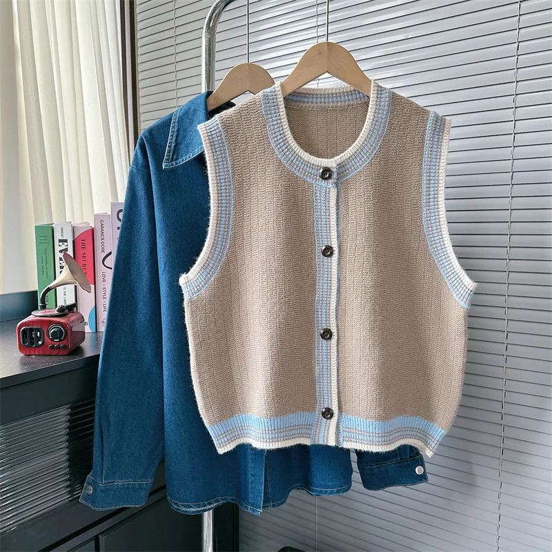 [EWQ] Korean Style O-neck Sleeveless Single Breasted Vest And Denim Blouse Fashion Women 2 Piece Set 2024 Autumn New 16O1482