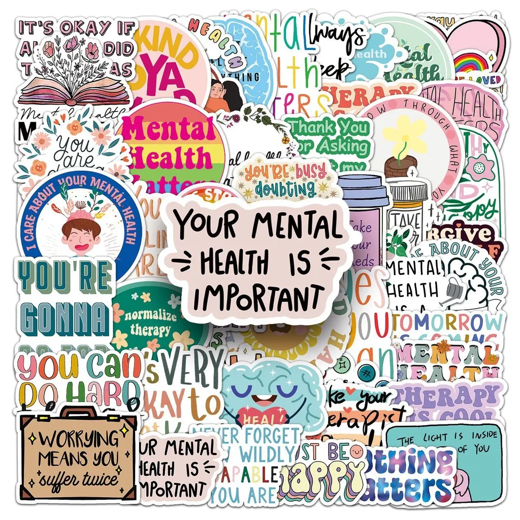 50 قطعة من ملصقات مجلة الصحة العقلية - جرافيتي نصية إنجليزية إبداعية ملهمة، مقاومة للماء، مثالية (متجر Anime Worlds)