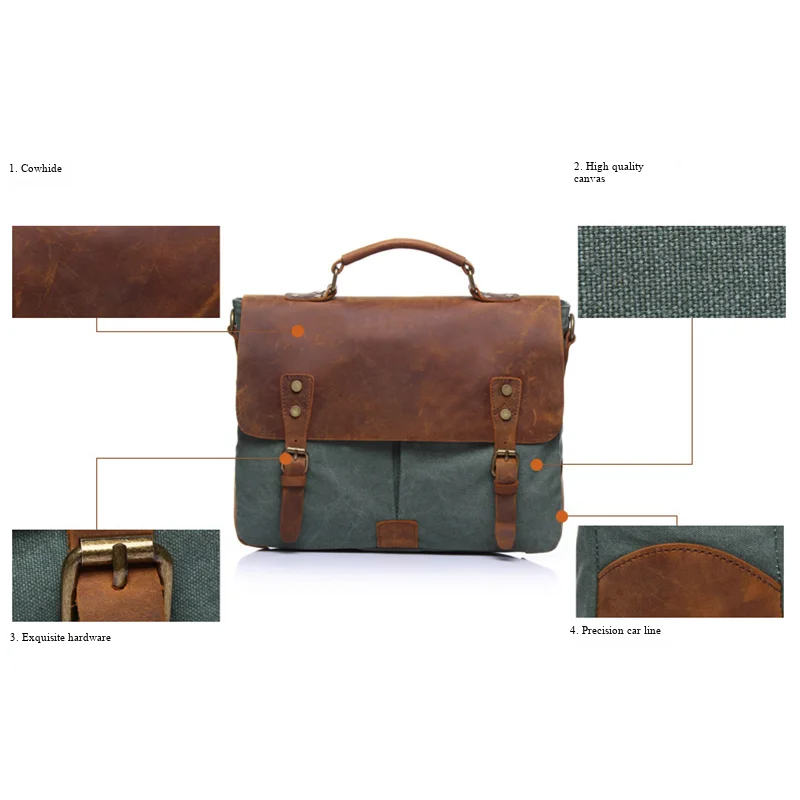 Men's premium canvas crossbody bag new splicing mailman bag lightweight wear-resistant shoulder bag vintage leather briefcase