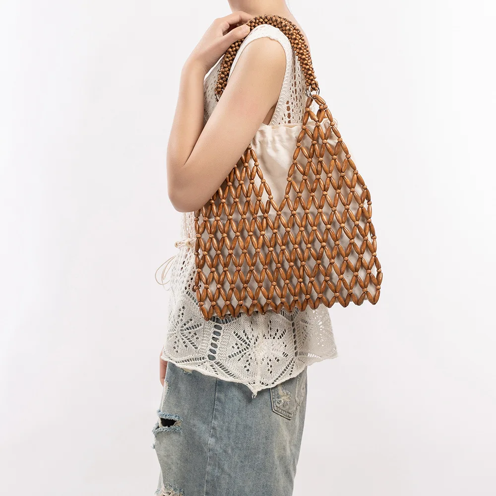 

Винтажная деревянная сумка-тоут ручной работы с бусинами, плетеная, для женщин, повседневная летняя пляжная сумка для отпуска