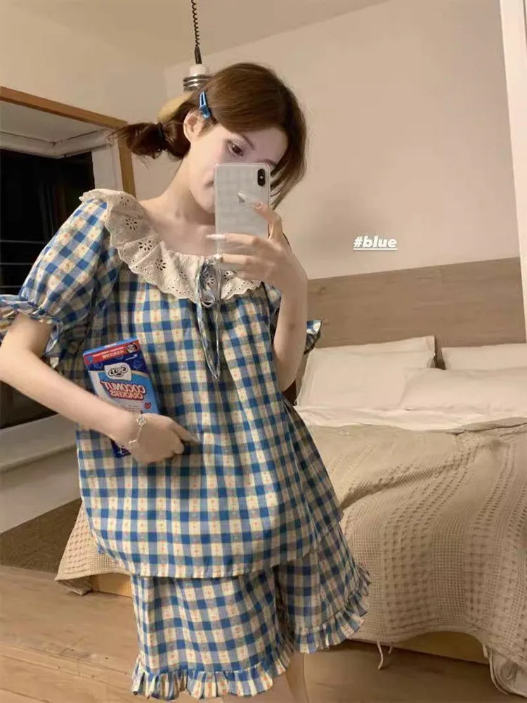 

Pure Cotton Summer Spwear Women's ort Sve Thin Korean Sle Sweet Cute Lace Plaid Large Size Home Clothes Set