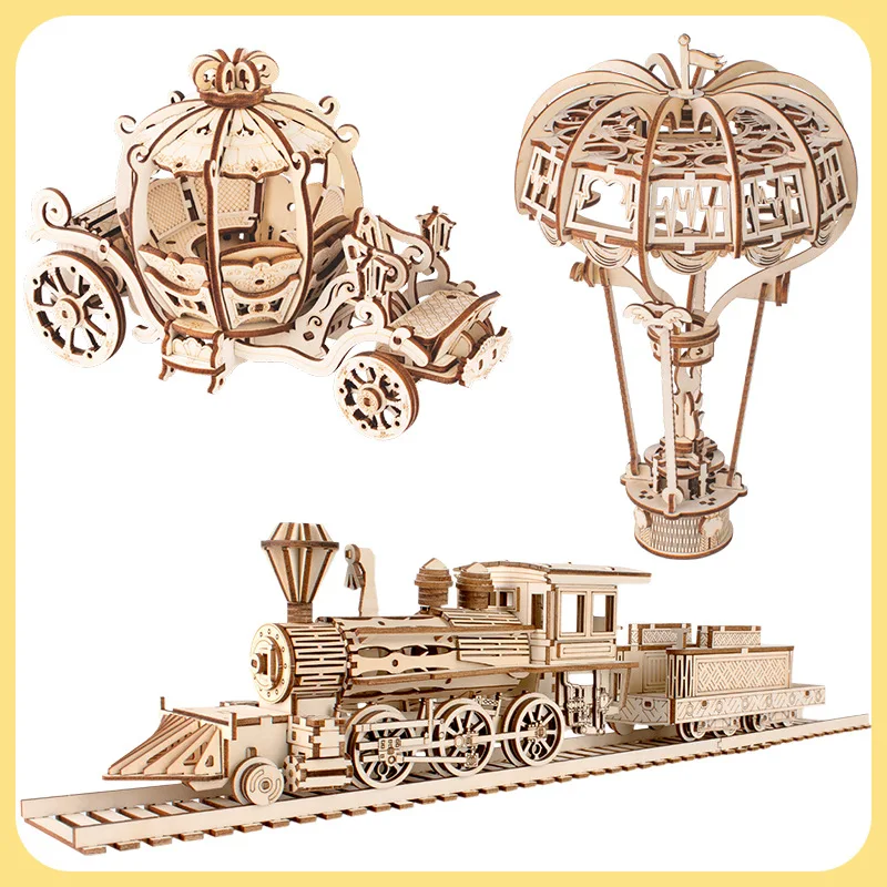 DIY Wooden 3D Puzzle Set Handcraft Assembly Steam Train Pumpkin Carriage Hot Air Balloon Building Model Toy