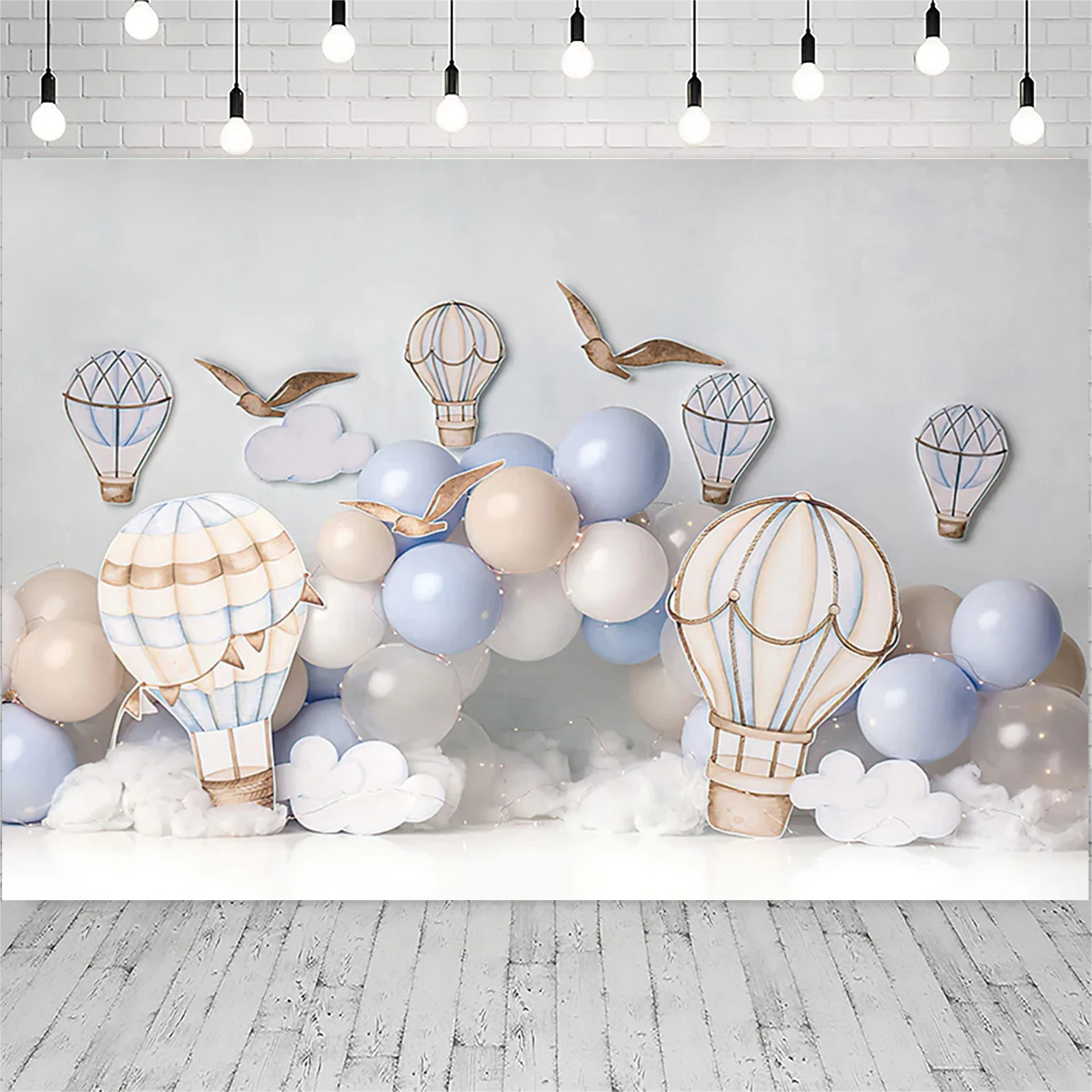 Hot Air Balloon Photography Background, Blue Sky, White Cloud, Bird, Boy Birthday Backdrop, Party Decor, Cake Smash Photozone