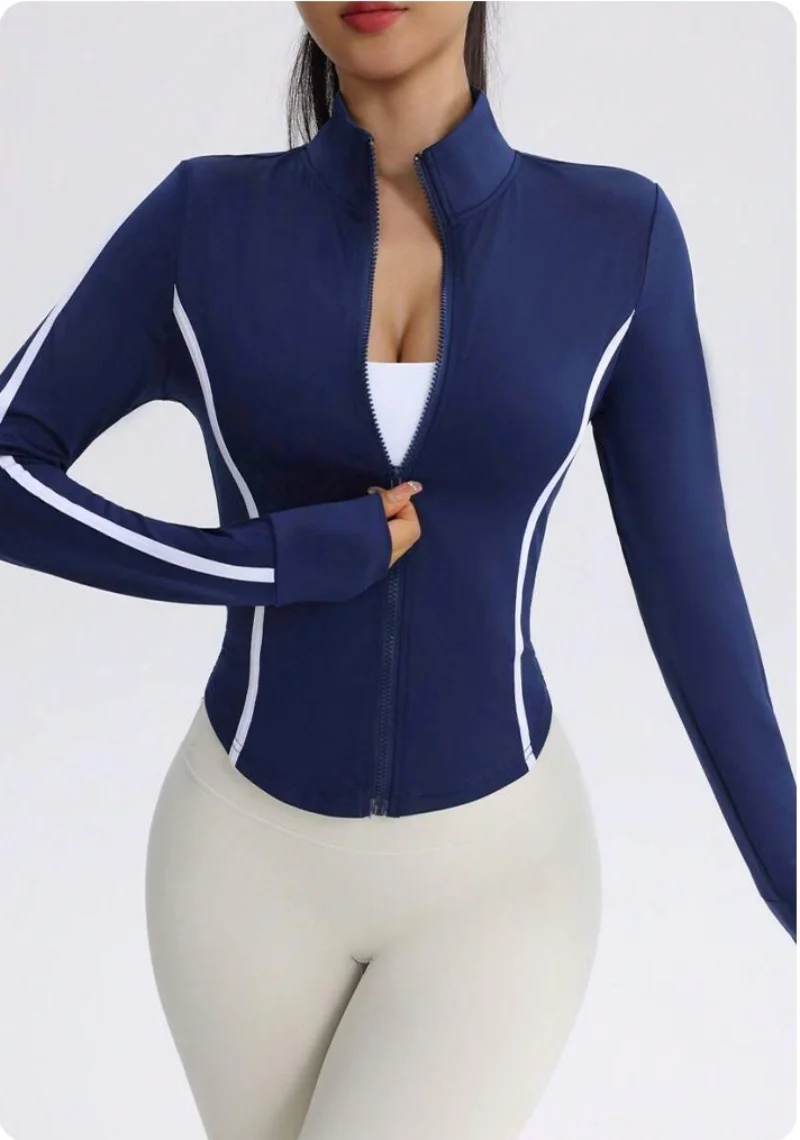 Women Navy Blue Yoga Jacket with White Contrast Stitching Slim Fit Full Zip Up Track Jacket High Neck Activewear Top for Workout image 4