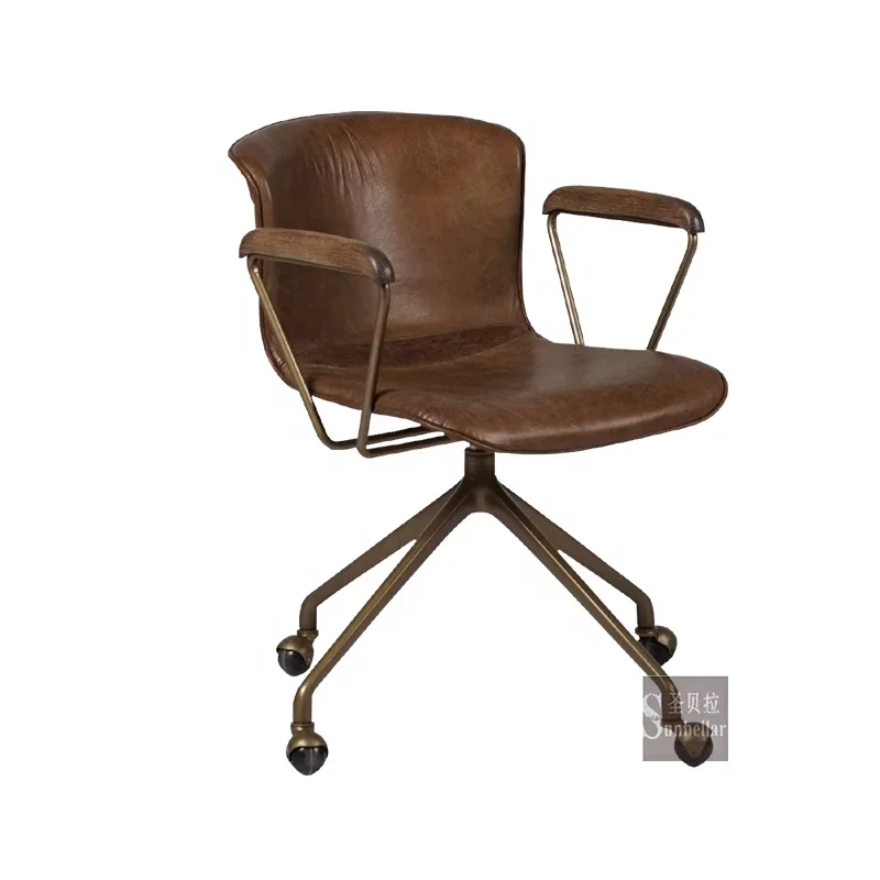 

wholesale antique leather swivel reading chair vintage brown genuine arm with wheels medium back home office