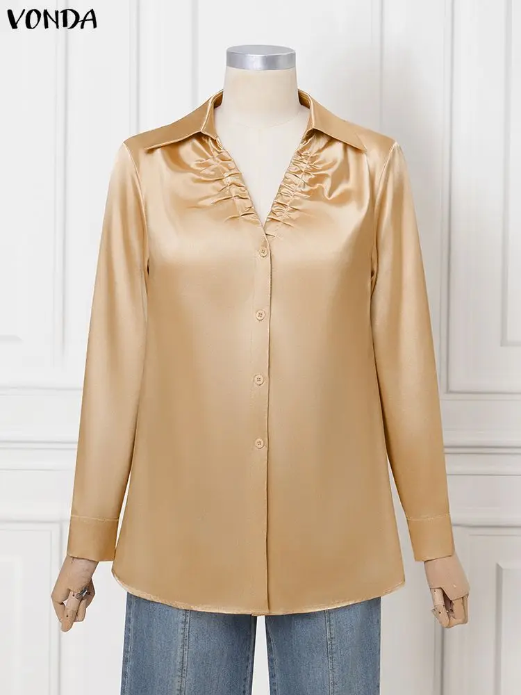 

2025 VONDA, элегантная женская рубашка с длинным рукавом, атласная осенняя сексуальная плиссированная офисная женская рубашка с v-образным вырезом, Blusas, однотонные топы Femme