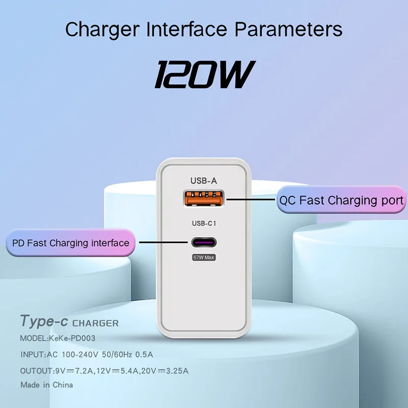 Cargador rápido de 120W, adaptador USB tipo C para iPhone 15, 14, 13, Samsung, Xiaomi, carga rápida 3,0, cargador de pared de 67W