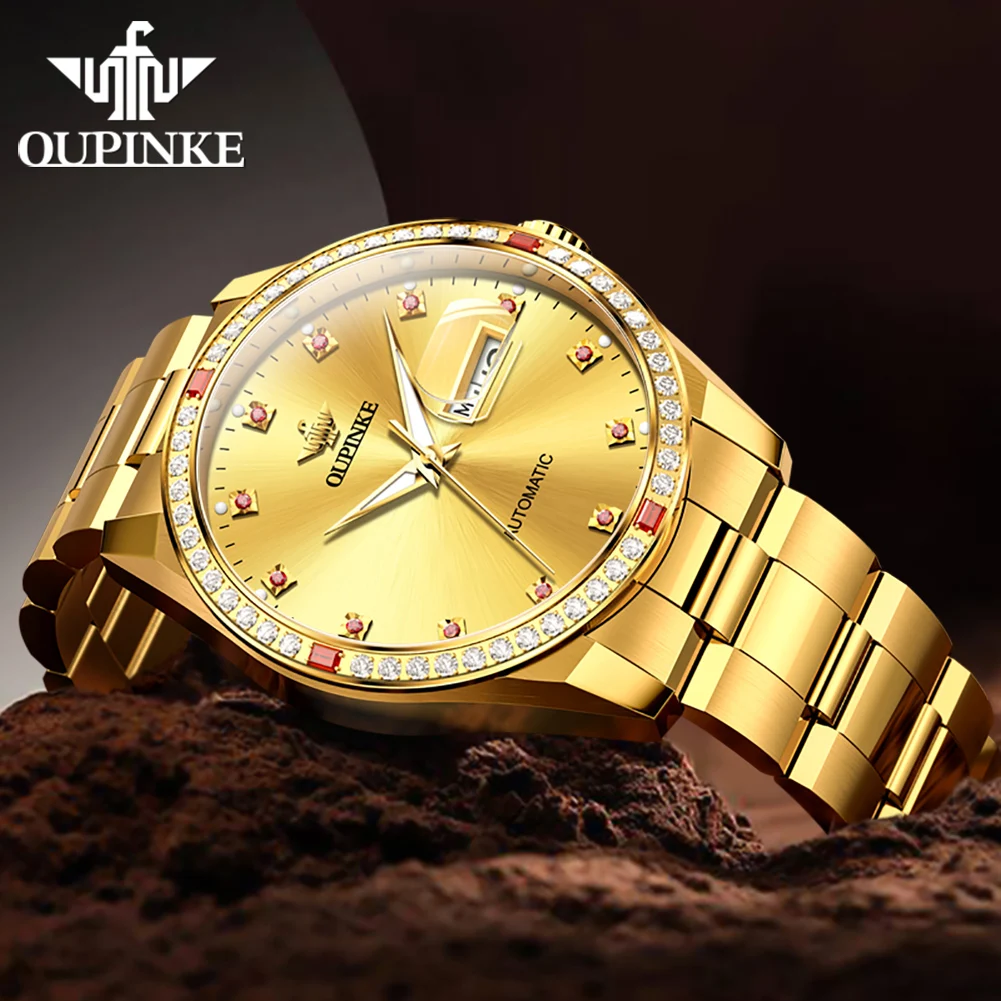 ساعة OUPINKE 3261 للرجال فاخرة مستوردة بحركة ميكانيكية أوتوماتيكية بتقويم مزدوج مقاومة للماء ساعة أصلية ماسية للرجال