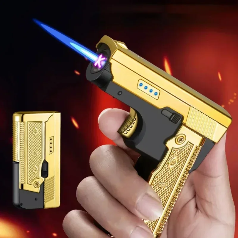 New Gas Electric Dual Flame Lighter Foldable Pistol Shaped Butane USB Lighter Cool Smoking Cigar Tool Birthday Gift