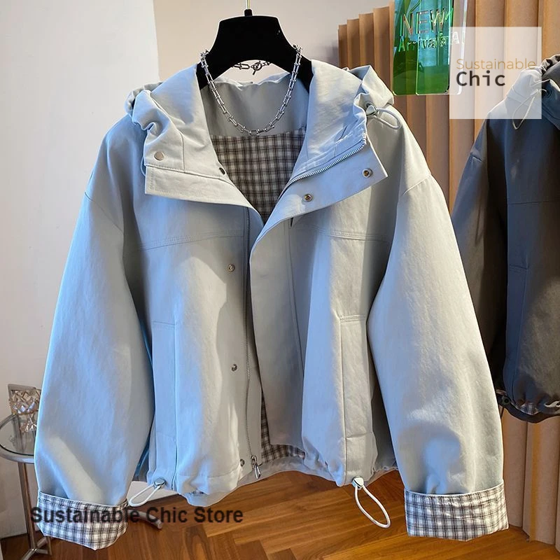 

French style fashion loose plaid lined with light blue hooded windbreaker coat women's spring and autumn temperament frock coat