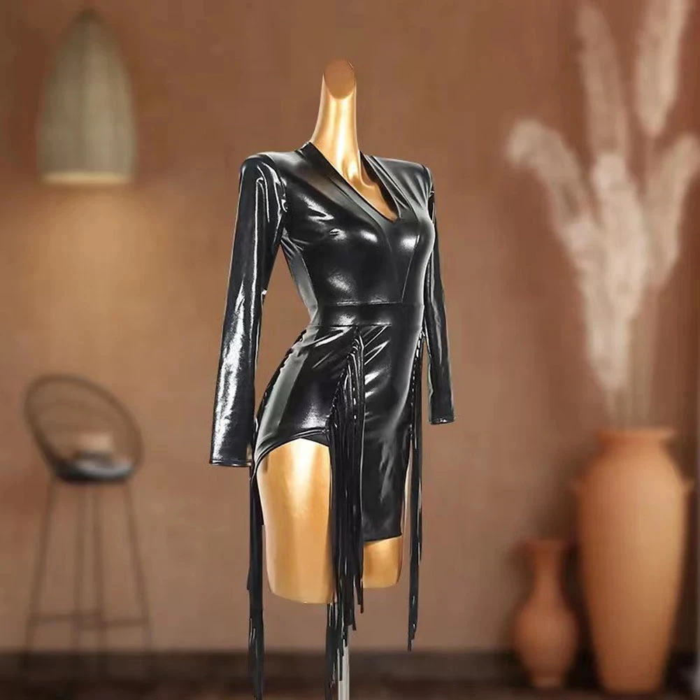 Sexy latein amerikanisches Tanz kleid für Frauen Fransen rücken frei Rumba Tango Performance Kostüme schwarz lang ärmel ige Pu Stage Dance wear