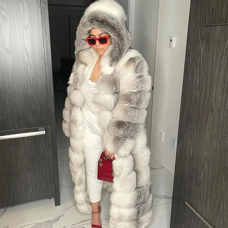 

Genuine Strip Sewed Arctic Fox Fur Coat Women Winter Detachable Hem Thicken Outertwear Luxury Fashion Real Fox Fur Jacket Female