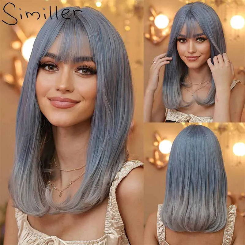 

Similler Women Medium Length Synthetic Wigs Blue T Grey Straight Hair High Temperature Fiber Ombre Wig with Bangs