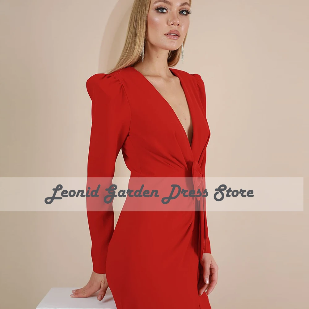 Red Prom Dresses Deep V Neck Long Sleeves Evening Gowns A-Line Bow Formal Party Dress Customized Front Slit 2023 فساتين السهرة