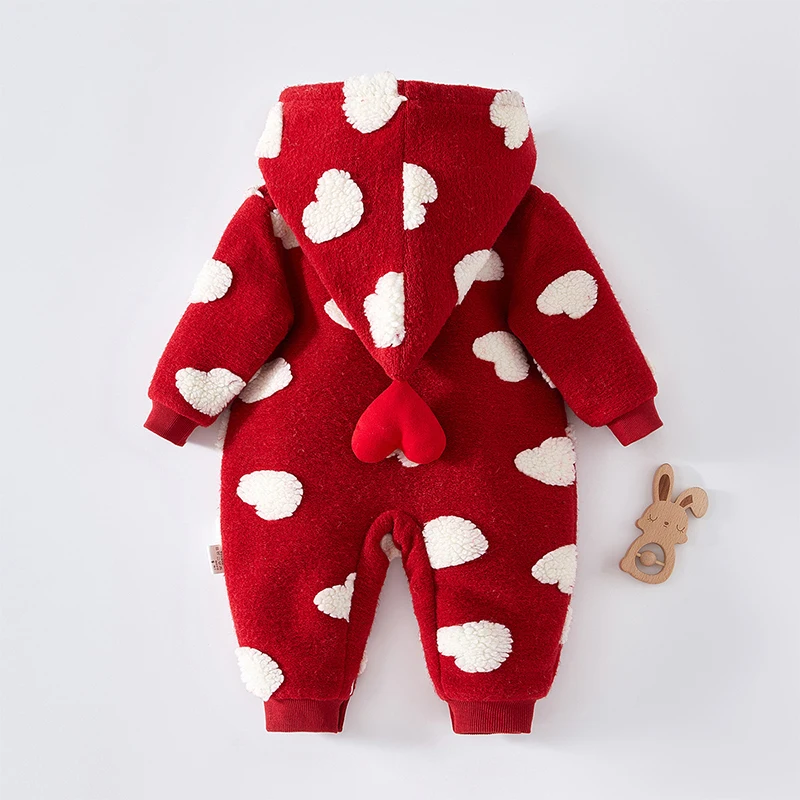 Love Baby Rompers Winter Warm Jumpsuits Thickened Red Girls Bodysuits Hooded Coral Fleece Newborn Onesie Clothes Toddler Outfits