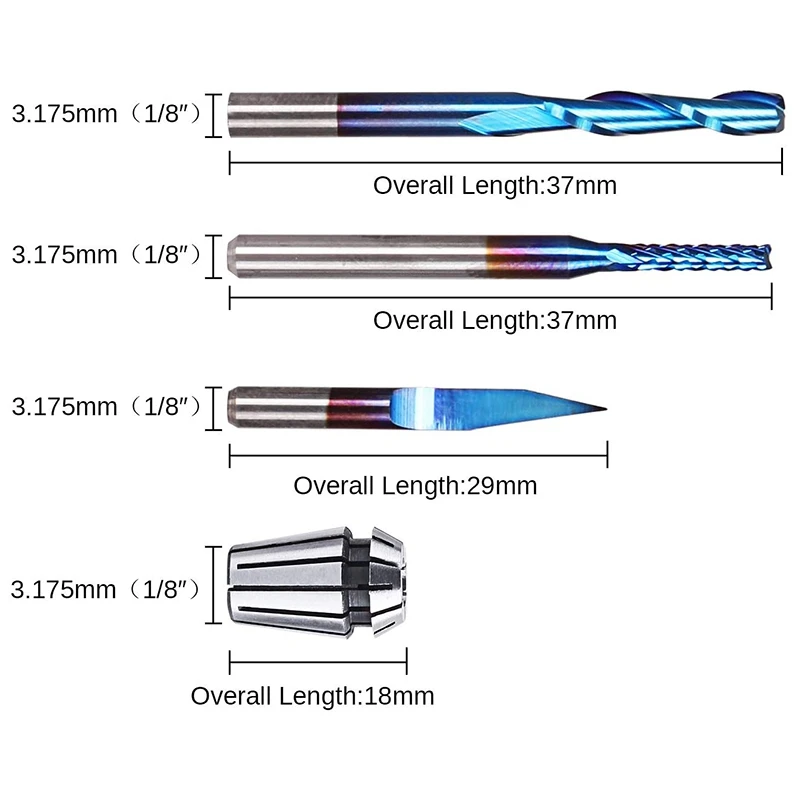 Nano Blue Coat End Mill CNC Engraving Router Bits Essential Kit 30Pcs Router Bits And 7Pcs ER11 Spring Collet Set