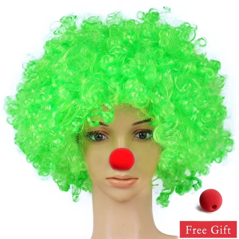 Colorful Clown Wig Afro Curly Synthetic Wig Cosplay for Men Women Mardi Gras Party Wig Red Green Yellow Blue Wig Clown Nose