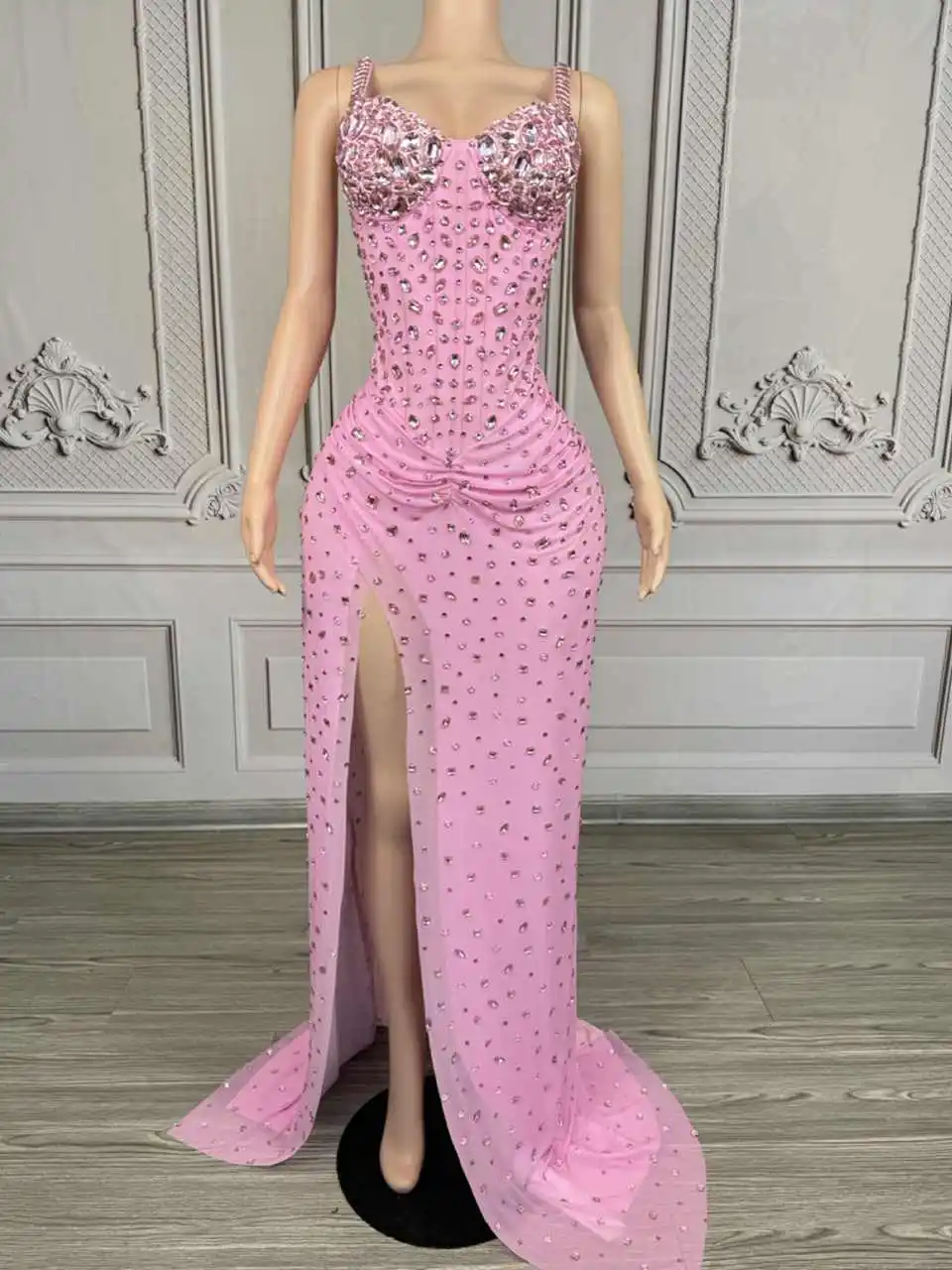 Luksusowa Sukienka Damska z Rozcięciem, Długa do Podłogi, z Cyrkoniami, Seksowna, z Siateczki, Wieczorowa, na Bal, Imprezę, Urodziny, Sesję Zdjęciową