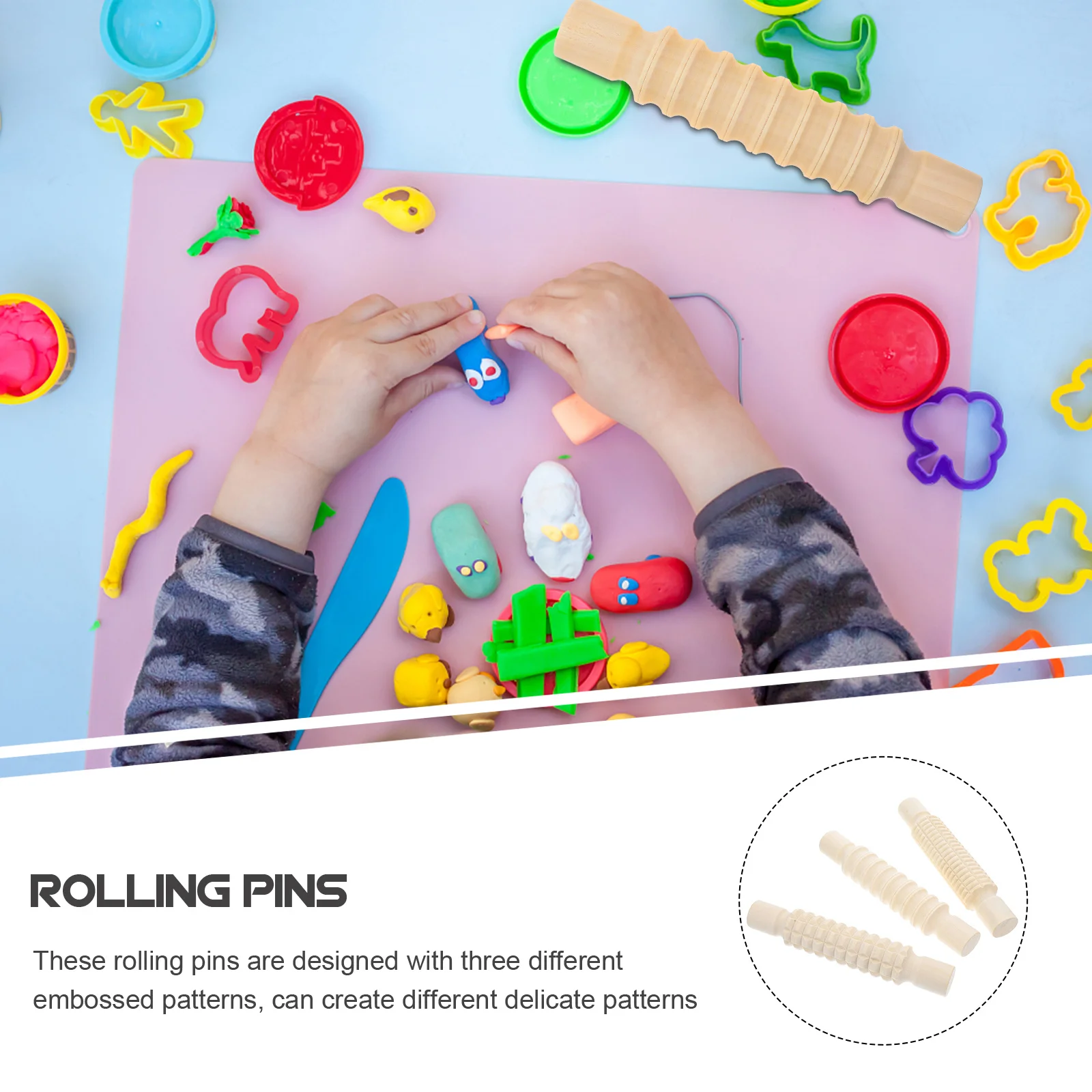 

3pcs Wooden Rolling Pin For Kids Clay Craft Baking Dough Roller Diy Embossed Pattern Wood Rolling Pins Kitchen Tools Set