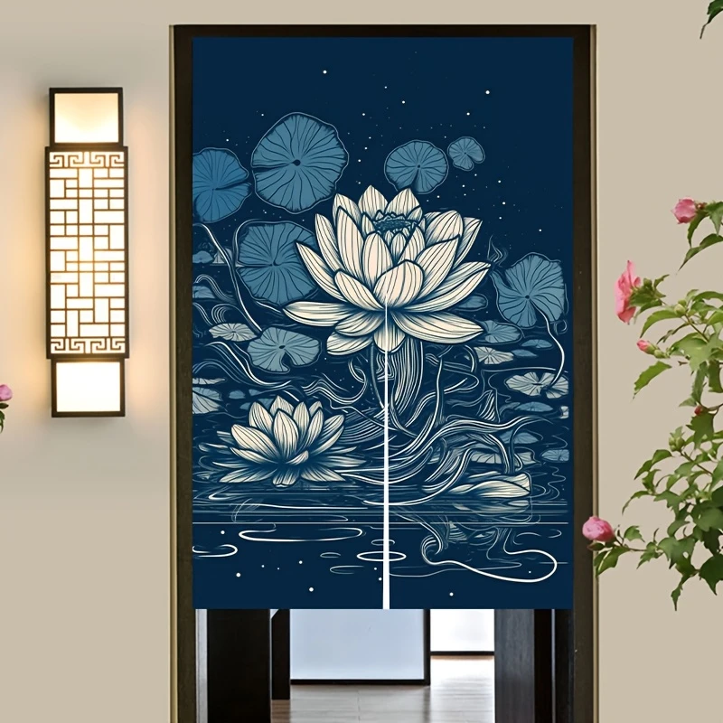 VIKAMA Oriental Lotus Pond Room Divider Curtain, Minimalist Water Lily Print Half Curtain, Entryway Home Decor