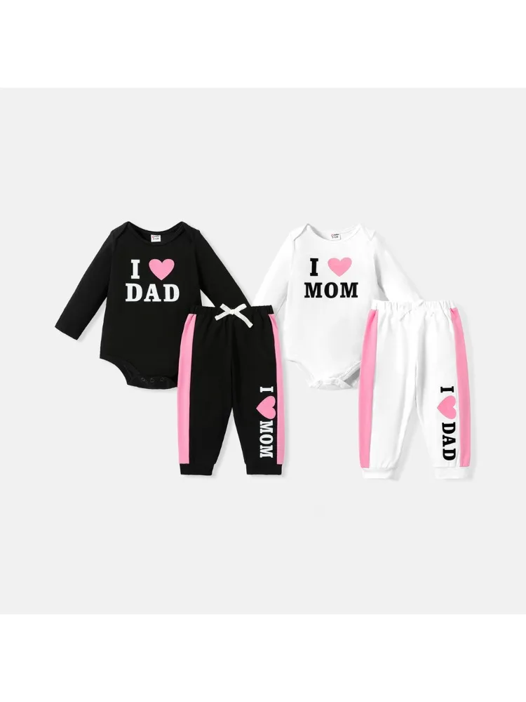 PatPat 2-delige set van katoenen romper en joggingbroek met lange mouwen en hart- en letterprint voor babymeisjes - afbeelding 2