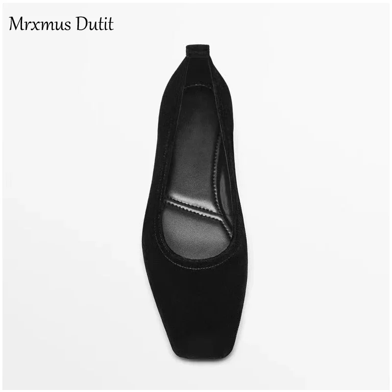 Mrxmus Dutit Brand Velvet Flat Bottomed Square Toe Single Shoes Shallow Mouth Rhinestone Decorative Ballet Shoes