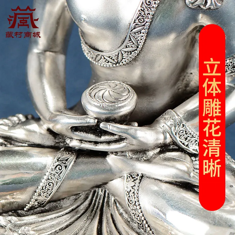 Amitabha Buddha Ornament for Entryway, Silver-Plated Copper Carved 10cm Portable Small Statue