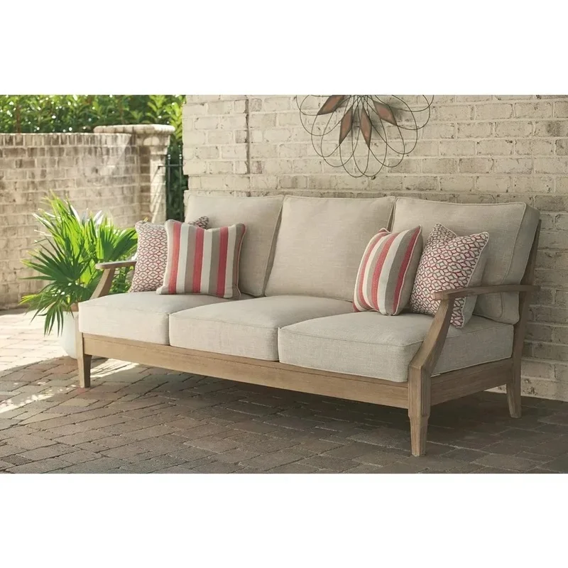 

Coastal Outdoor Patio Eucalyptus Sofa with Cushions, Beige, 35"D x 81"W x 37"H, Outdoor Furniture