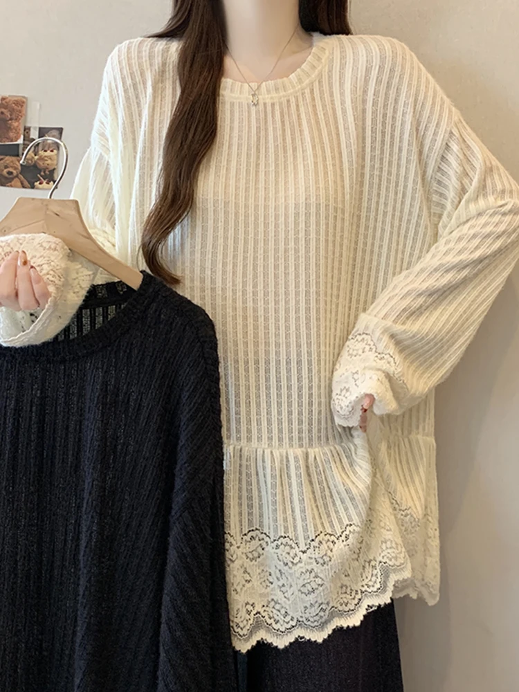 

Весна 2026: Женская приталенная блузка с длинным рукавом и кружевом, модный дизайн, свободный крой, базовая модель, корейский стиль, круглый вырез