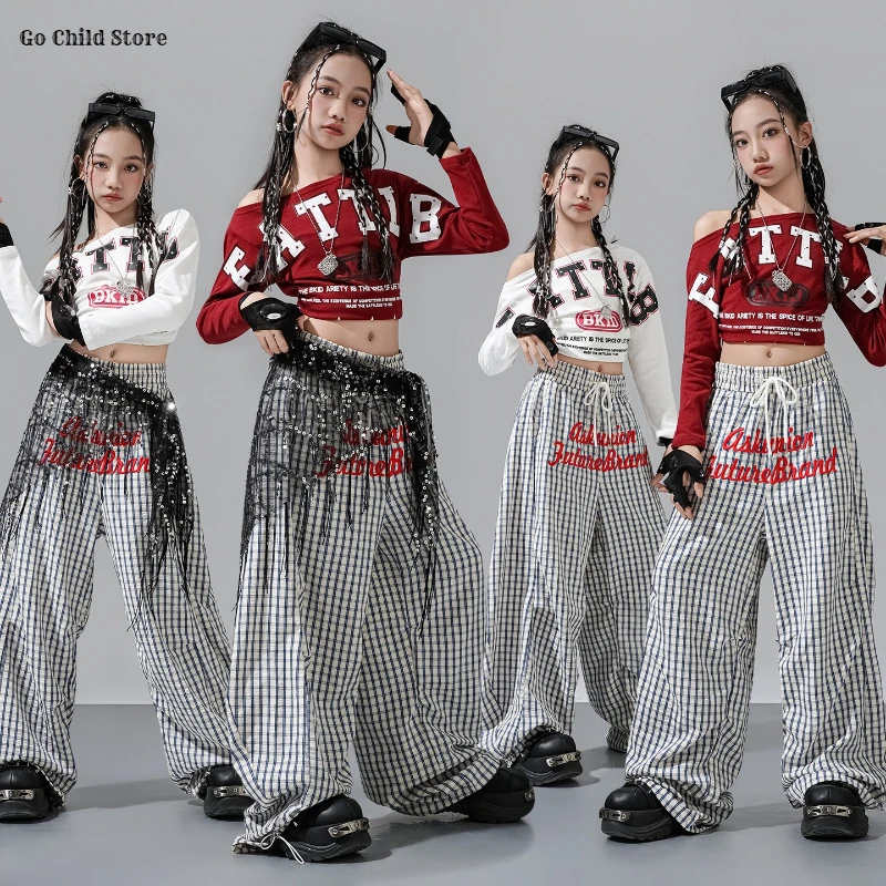 Girls K-pop Fashion Off Shoulder Crop Top Cargo Pants Dance Shorts Kids Hip Hop Streetwear Children Jazz Girl Group Clothes Sets