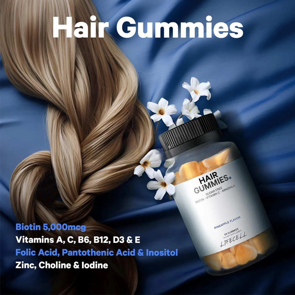 

Multi-Benefit Blend to support hair strength,health & growth Hair Growth Gummies Biotin 5000mcg Pineapple flavor Sugar Free