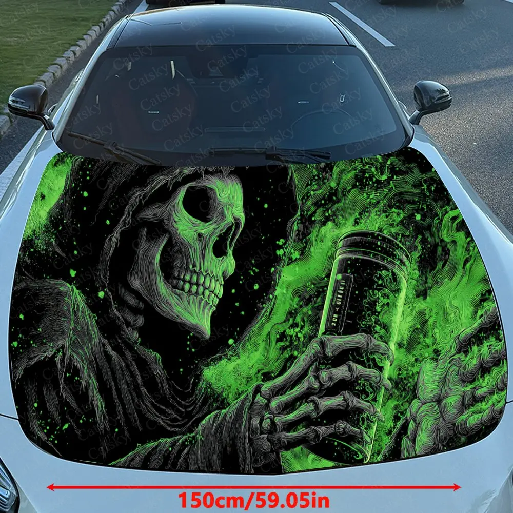 Car Decal Grim Reaper with Glowing Green Element in Dark Gothic Design, Creating a Bold and Mysterious Visual Car Hood Sticker,