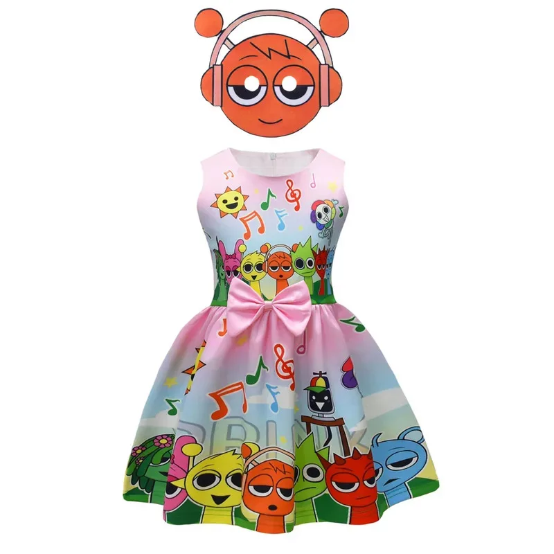 

Sprunki Incredibox Costume Baby Girl Dress Summer Kids Sprunk Simon Pinki Oren Raddy Print Party Princess Bow Dress Can Add Mask