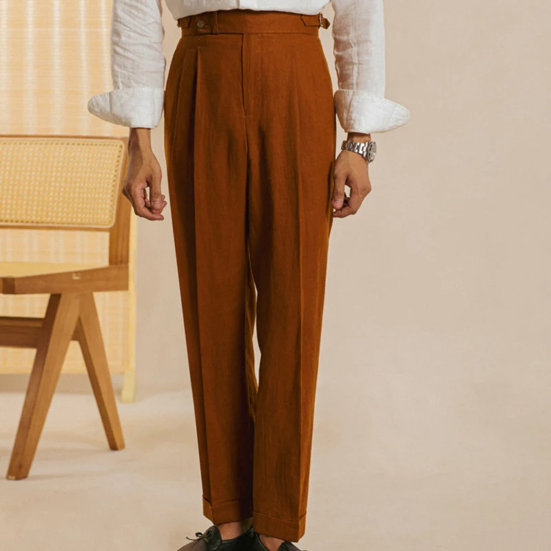 Linen  Retro Casual Pant British High Waist Pants Office-trouser Men Dress White Pant Trouser Straight Leg Pant Naples