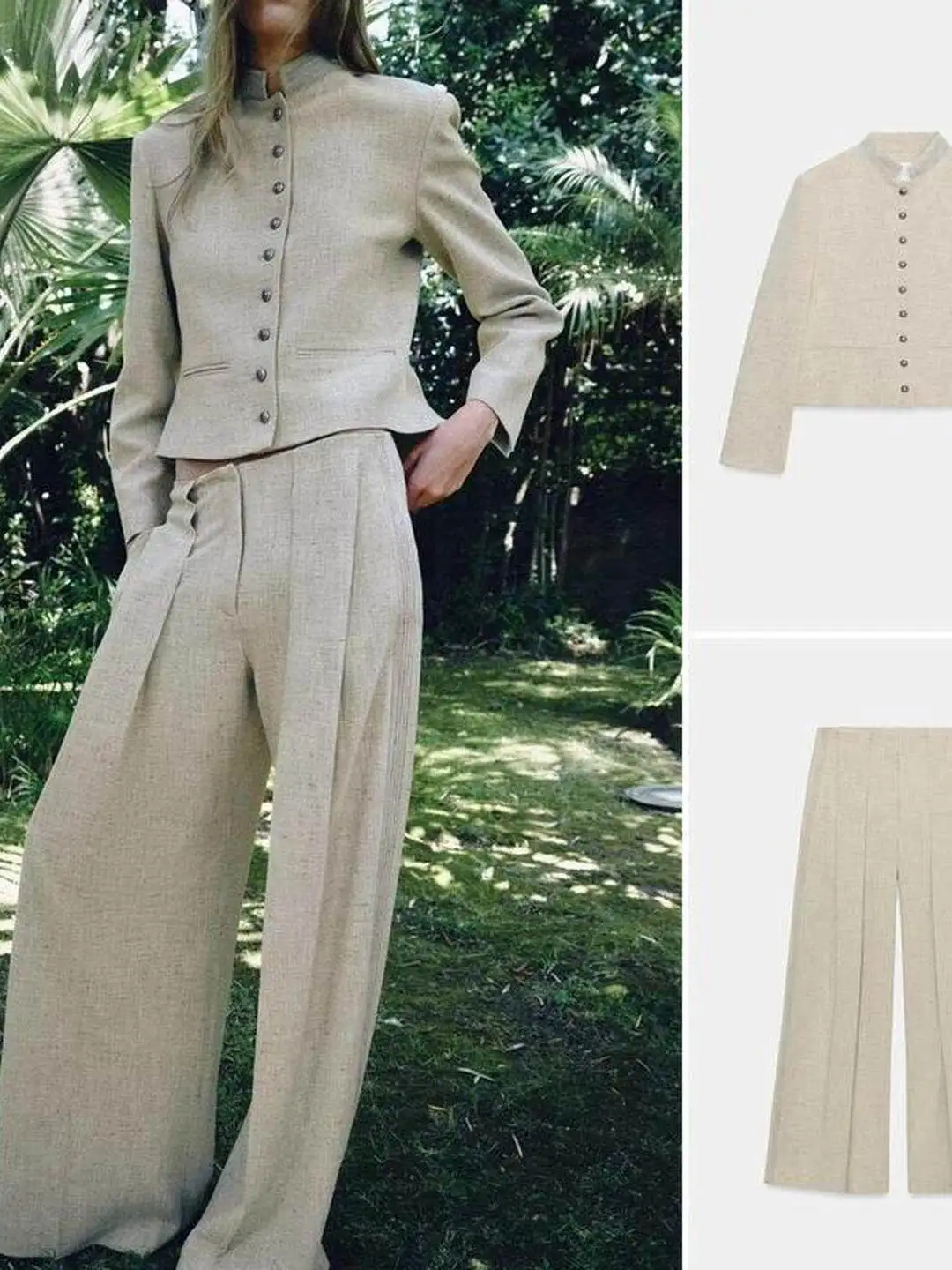 Summer Commute Casual Pleated Suit Jacket Straight Leg Pants Ensemble Elegant Stitching Detail Polyester Fiber Workwear