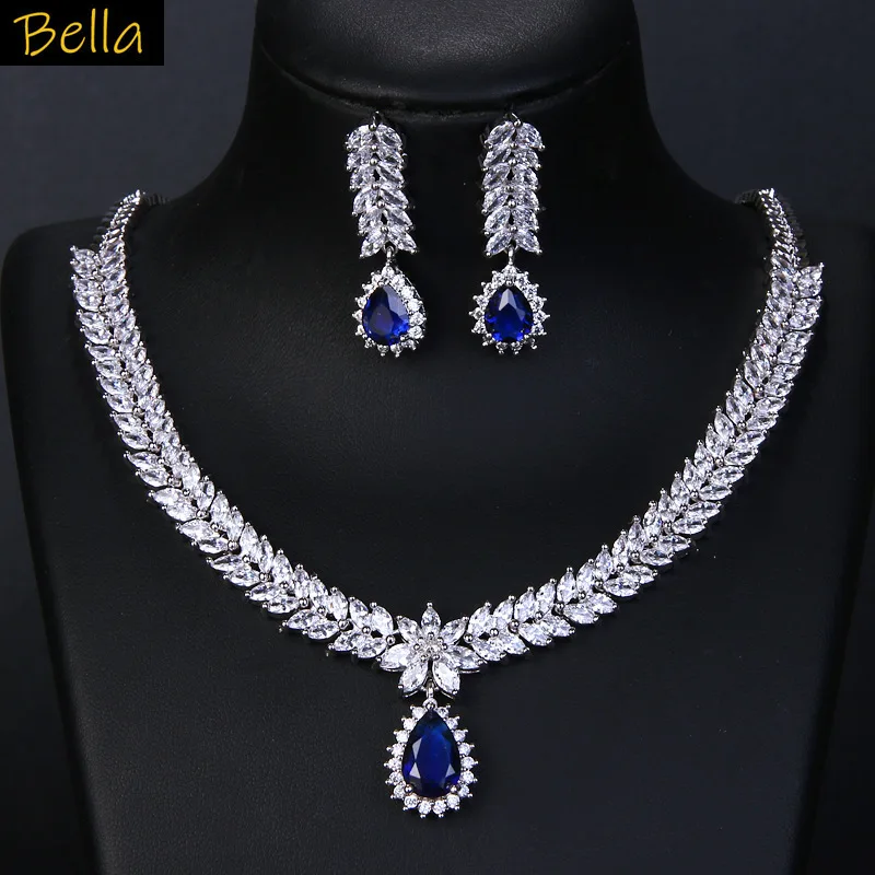 

Bride Jewelry Sets 2pcs Earrings Necklace White Zircon Leaf Red Green Blue Water Drop Wedding Dinner Party Jewelry Gift