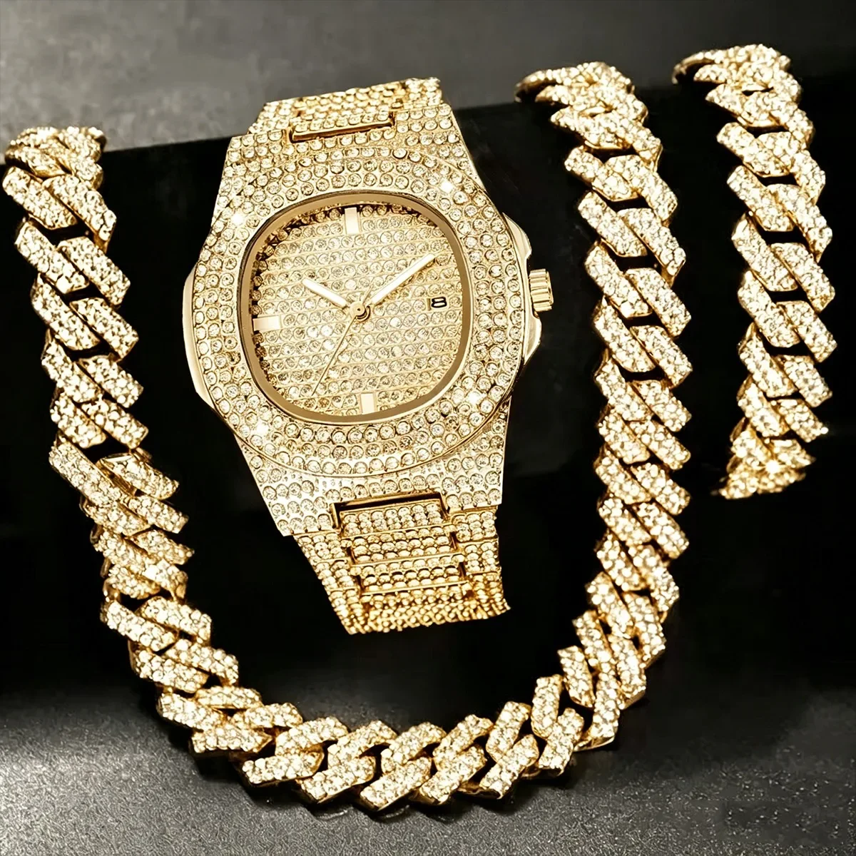 Luxury Rhinestone Men Watch Cuban Chain Jewelry Set Hip Pop Square Quartz Watches Accessories Gift Relogio Masculino
