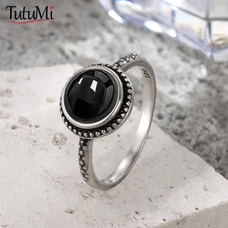 Vintage 925 Sterling Silver Black Onyx Ring Simple Minimalist Style Round Shape Natural Stone Black Ring Fine Jewelry For Women