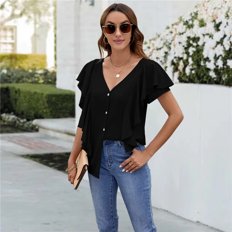 

A83F-Womens Dressy Casual Tops V Neck Button Down Shirts Ruffle Short Sleeve Blouse