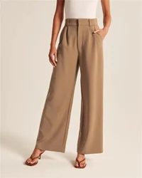 Pantaloni a gamba larga a vita alta donna nuovi pantaloni tascabili 2024 Casual Solid Basic Fashion eleganti pantaloni dritti ufficio per tutte le stagioni