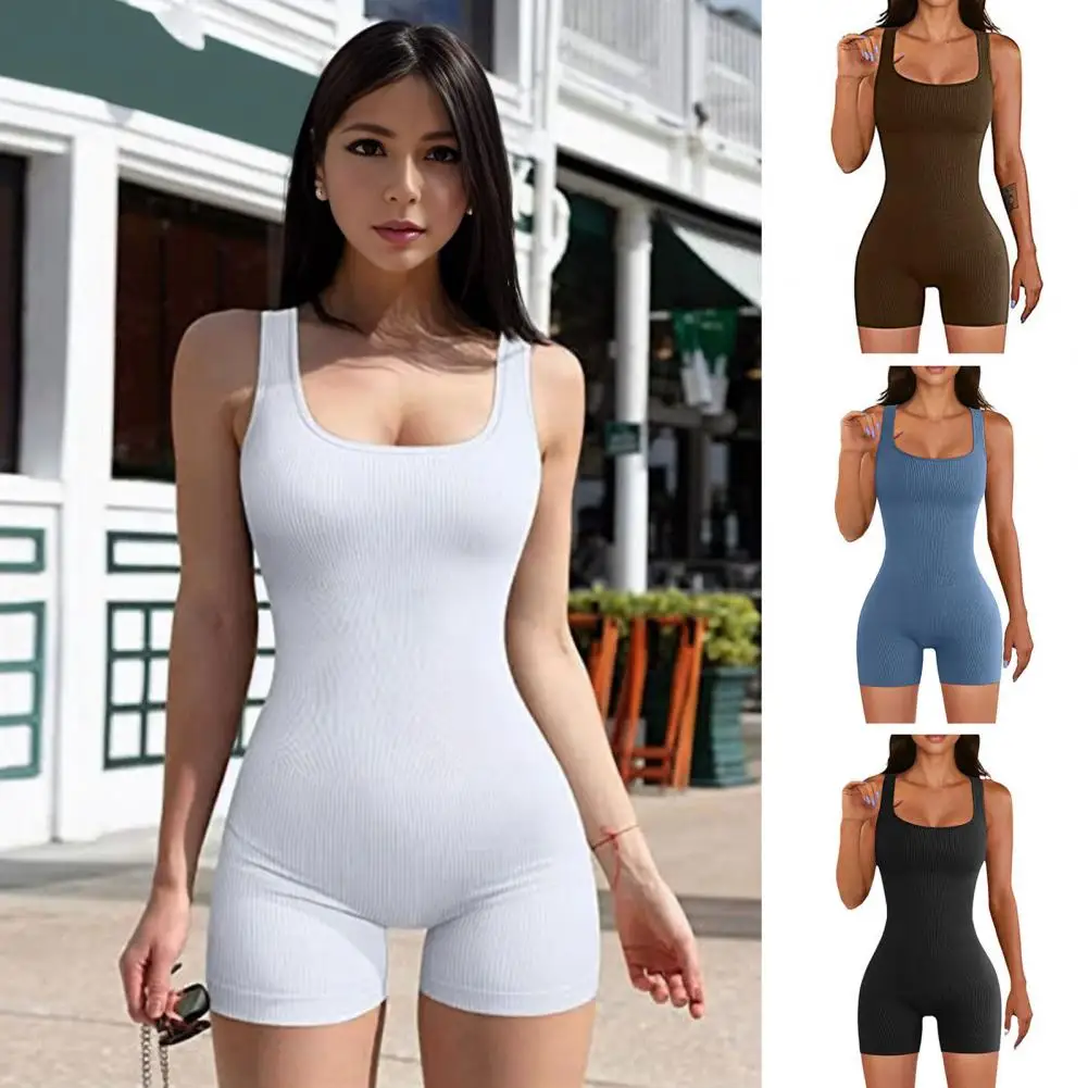 

Solid Color Bodysuit Elegant Square Neck Bodysuit for Women Yoga Sport Playsuit Breathable Tight Waist Backless Jumpsuit Opaque