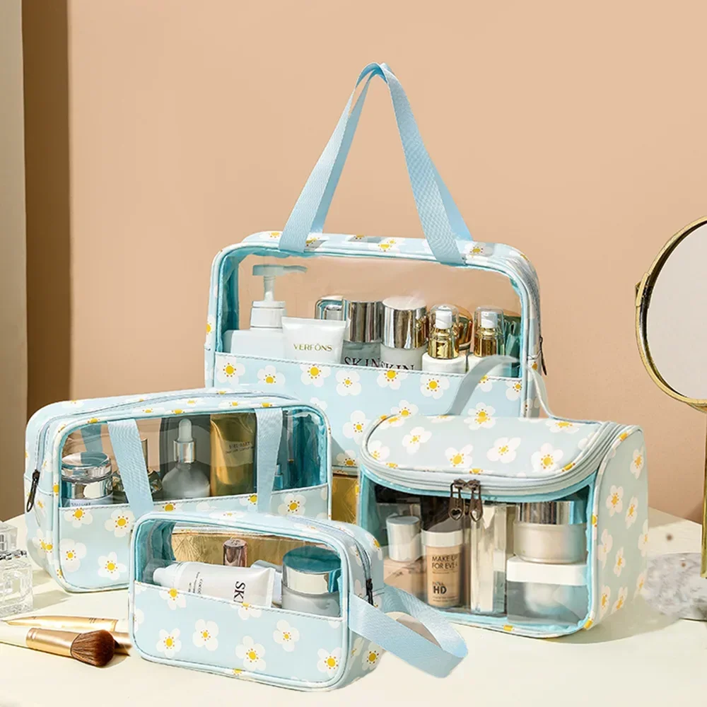

4PCS PVC Makeup Bag Flower Printed Transparent Wash Handbag Waterproof Travel Cosmetic Pouch Convenient Toiletries Bag CoinPurse
