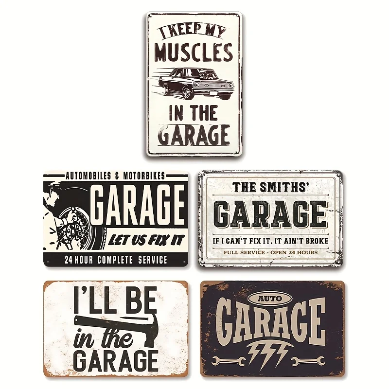 [JIT]Decorative Sign& Plaque 5pcs Vintage Metal Signs, Rustic Garage Decor with Humorous Auto Repair Quotes, 30.48x20.32cm Wall