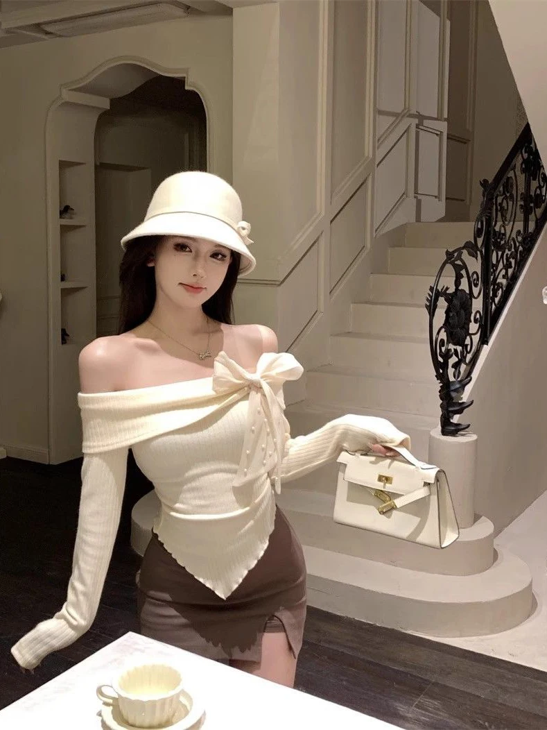 

Ele Off-oulder Long Sve футболка женская весенняя с бусинами Embellied Knot Base irt сексуальный шикарный топ осень