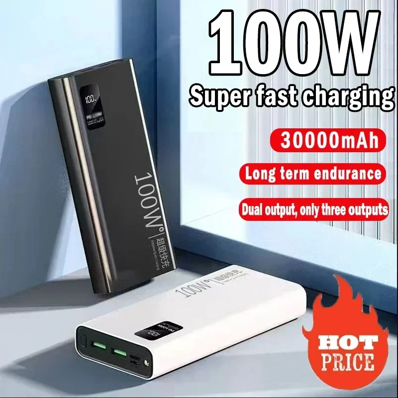 New Power Bank 30000mAh 100W Dual Port Super Fast Charging Portable EXternal Battery Charger For iPhone Xiaomi Huawei Samsung