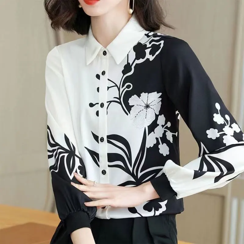 Stylish Chinese Style Printed Shirt Spring Long Sleeve Commute Turn-down Collar Female Clothing Single-breasted Spliced Blouse