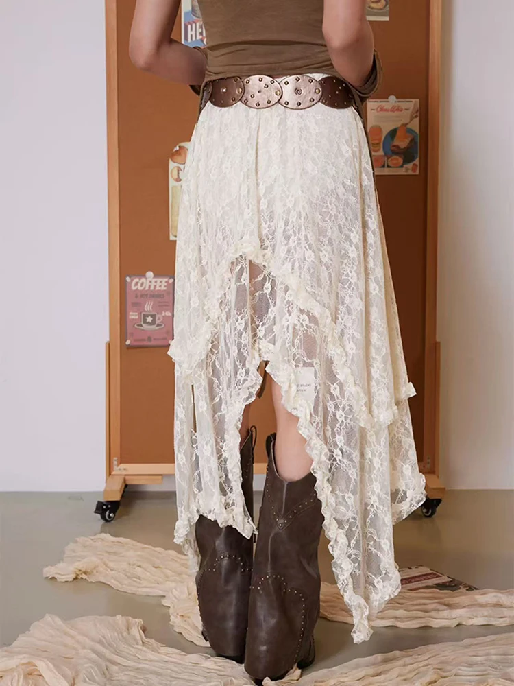 Y2K غير النظامية الدانتيل ميدي التنانير للنساء عالية الخصر الشارع الشهير مثير الجوف خارج تنورة طويلة الكورية شيك غير المبطنة ألف خط التنانير جديد