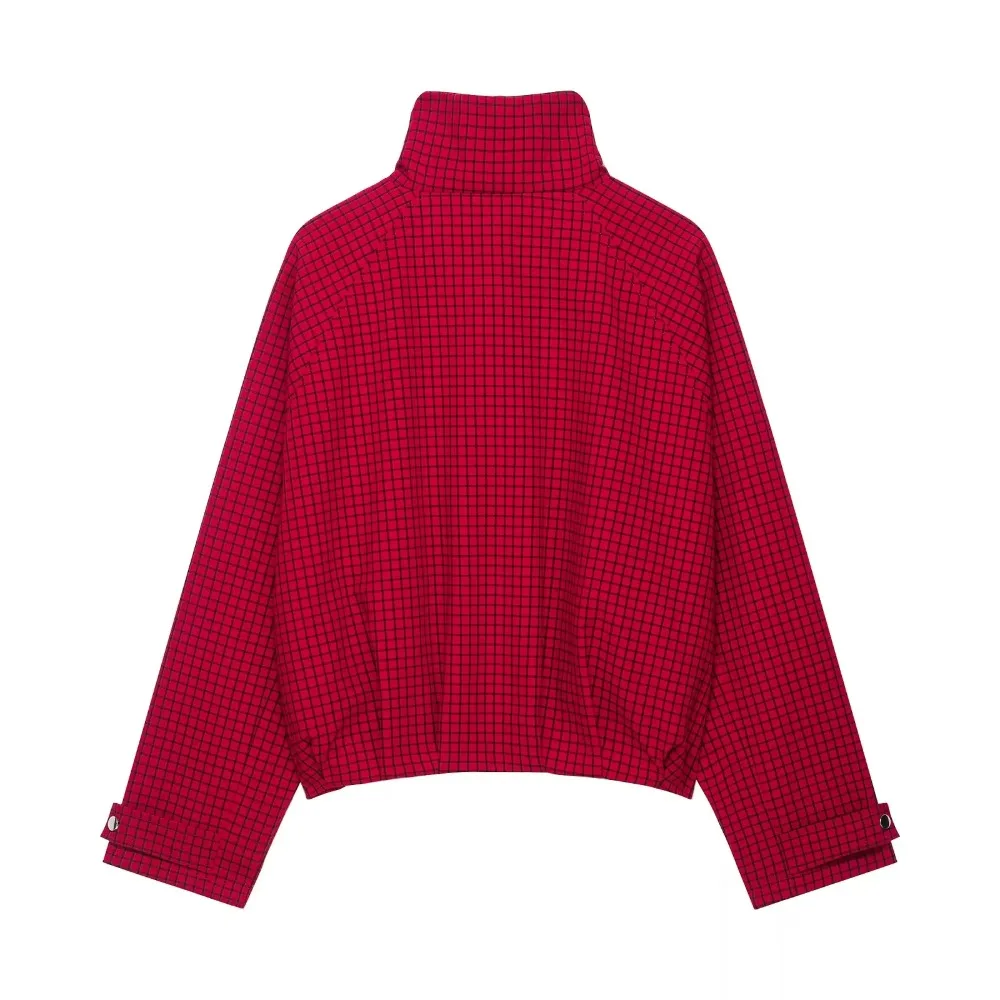 Damen High Street Casual Chic Rote Herbst-Winter-Jacke, Outfit mit Karomuster, Stehkragen, Reißverschluss, Lockerer Bomberjackenmantel für Frauen – Detail 3